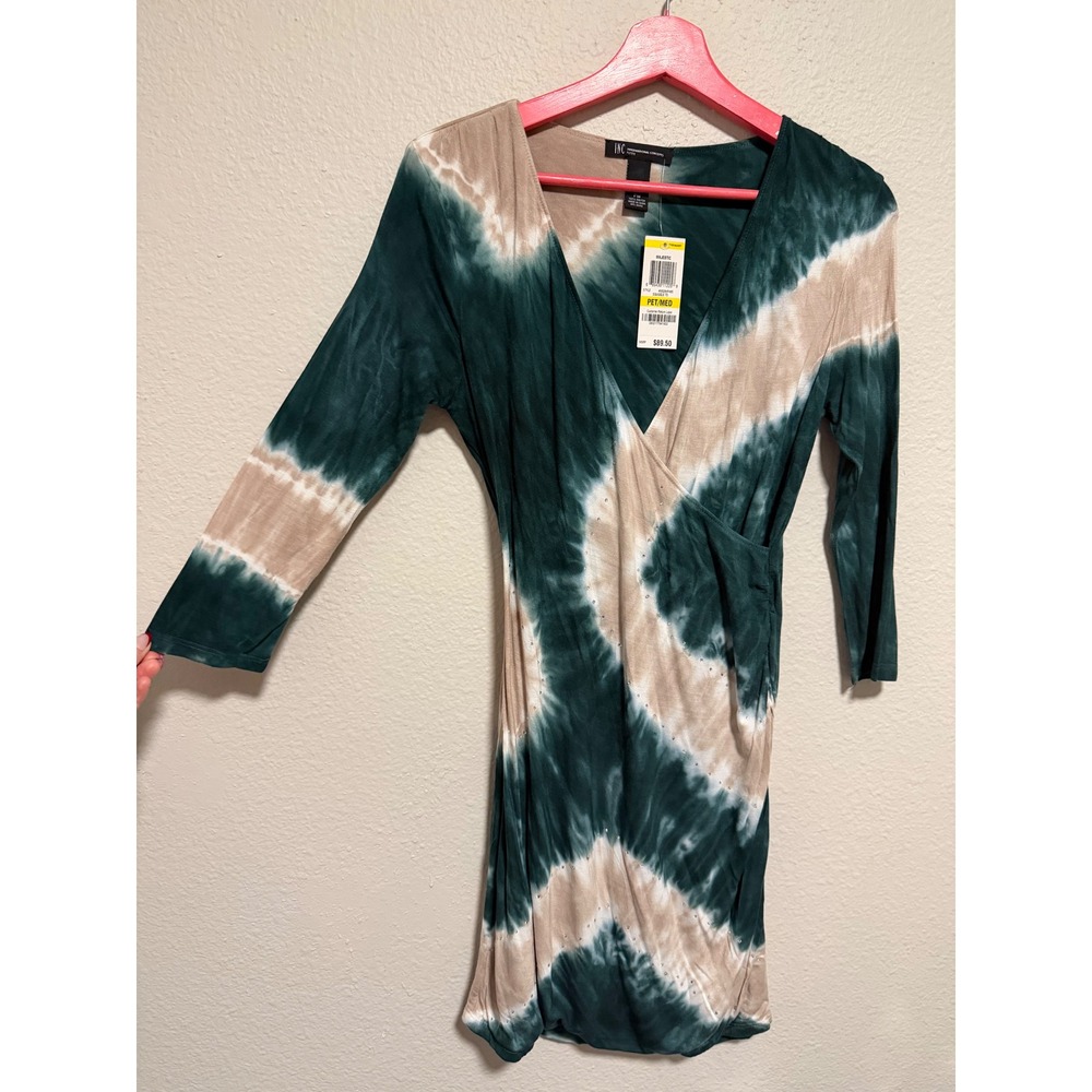 INC International Concepts Petite Tie Dye Wrap Dress Green Tan PM NWT